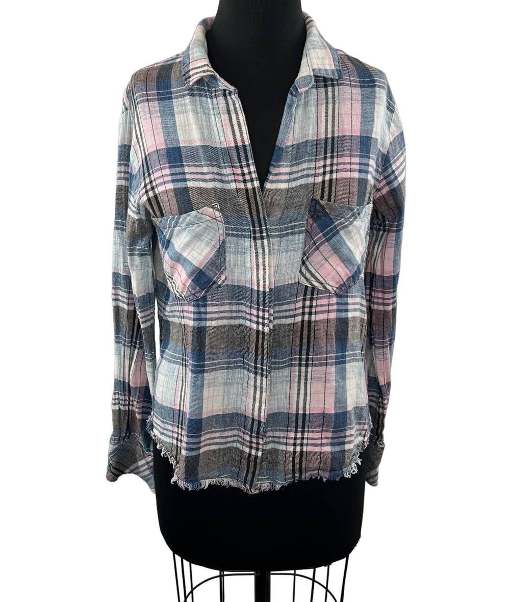 BELLA BAHL Blue/Pink Plaid Linen-Cotton Flannel Button-Up Shirt Top Cowgirl S